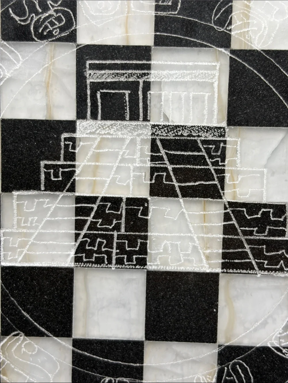 Black & White Stone Etched Mayan Pyramid Motif Chessboard Game Board Home Decor